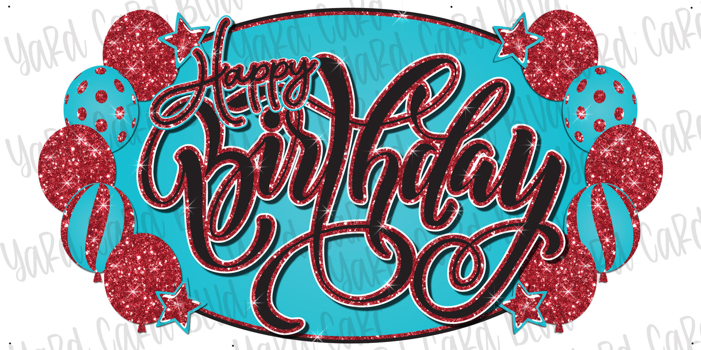 BLVD Billboard Happy Birthday Script - Turquoise & Red Glitter