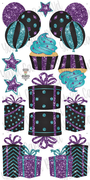 Mirrored Purple, Turquoise and Black Glitter Flair Set