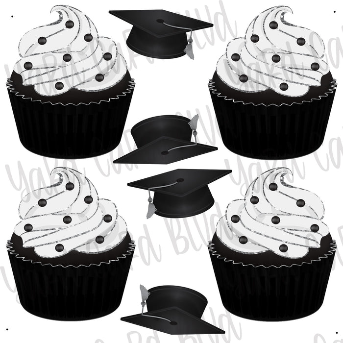 Grad Cupcakes Half Sheet - Black, White, & Silver