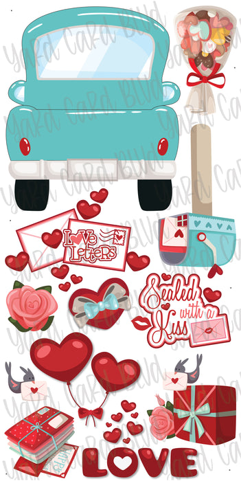 Turquoise Fill 'er Up Pickup Truck with Love Letters Valentines Set